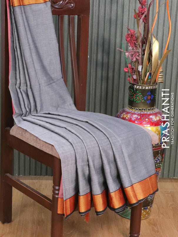 Narayanpet cotton saree grey and black with plain body and zari woven border - {{ collection.title }} by Prashanti Sarees