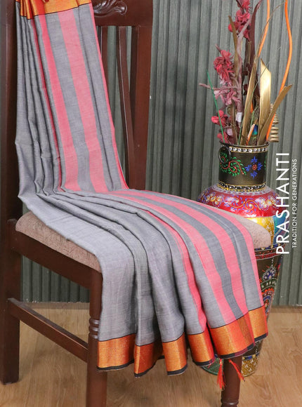 Narayanpet cotton saree grey and black with plain body and zari woven border - {{ collection.title }} by Prashanti Sarees