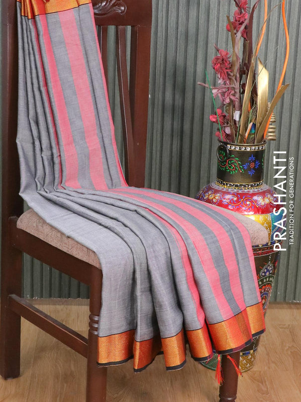 Narayanpet cotton saree grey and black with plain body and zari woven border - {{ collection.title }} by Prashanti Sarees