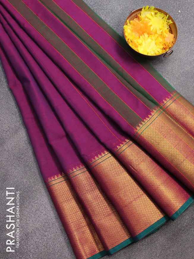 Narayanpet cotton saree purple and teal green with plain body and long zari woven border - {{ collection.title }} by Prashanti Sarees