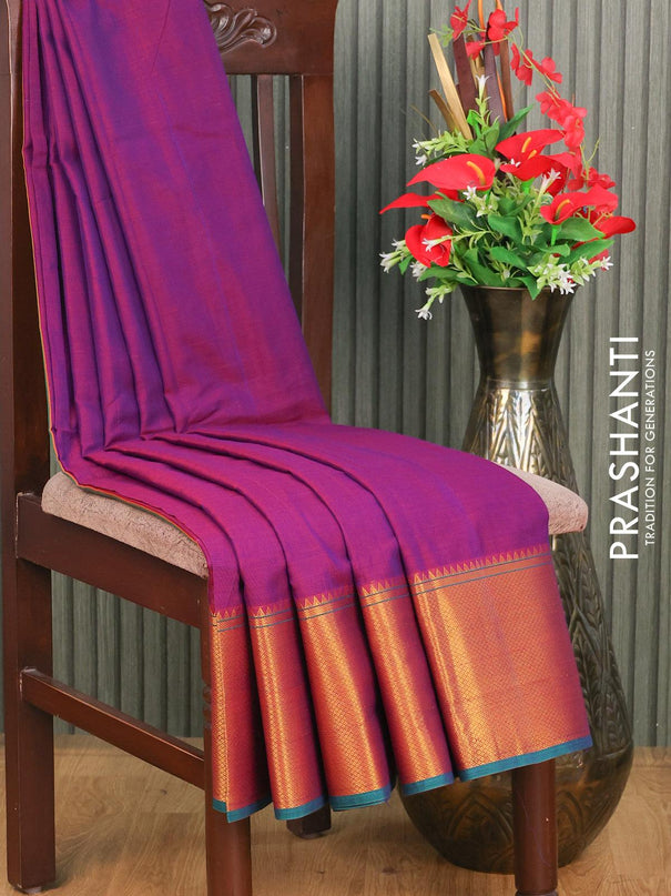 Narayanpet cotton saree purple and teal green with plain body and long zari woven border - {{ collection.title }} by Prashanti Sarees