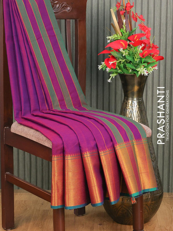 Narayanpet cotton saree purple and teal green with plain body and long zari woven border - {{ collection.title }} by Prashanti Sarees