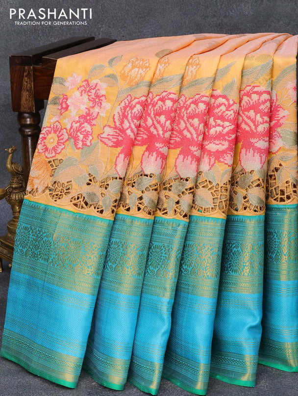 Niraa-10 Pure kanjivaram silk saree dual shade of yellow and green with silver & gold annam zari woven buttas and floral design cut work & long zari woven border-PBR2645-3 - {{ collection.title }} by Prashanti Sarees