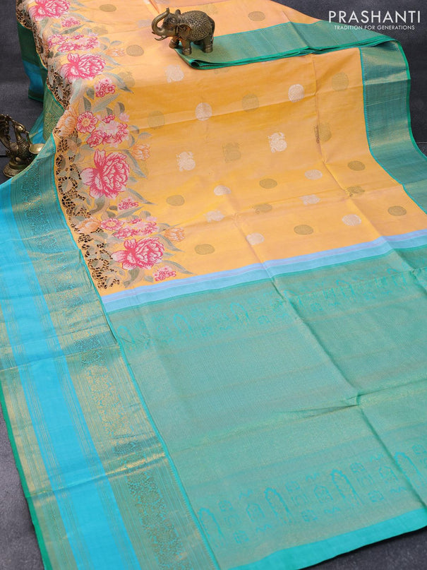 Niraa-10 Pure kanjivaram silk saree dual shade of yellow and green with silver & gold annam zari woven buttas and floral design cut work & long zari woven border-PBR2645-3 - {{ collection.title }} by Prashanti Sarees