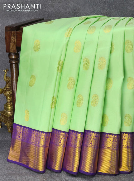 Niraa-2 Pure kanjivaram silk saree pista green and navy blue with allover zari woven paisley buttas and rich annam zari woven korvai border - {{ collection.title }} by Prashanti Sarees