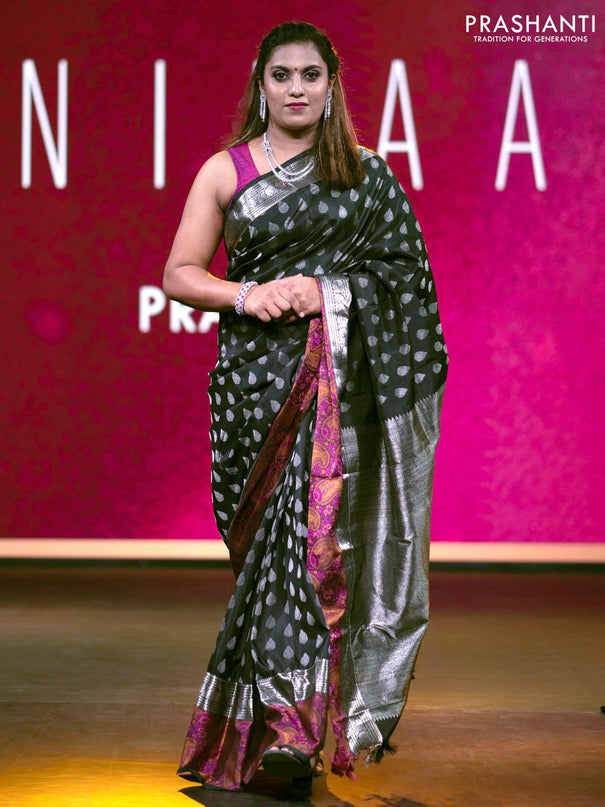 Niraa-6 Pure kanjivaram silk saree black with allover silver zari woven buttas and long silver zari woven paisley thread weave border - {{ collection.title }} by Prashanti Sarees