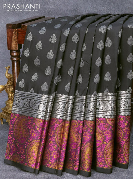 Niraa-6 Pure kanjivaram silk saree black with allover silver zari woven buttas and long silver zari woven paisley thread weave border - {{ collection.title }} by Prashanti Sarees