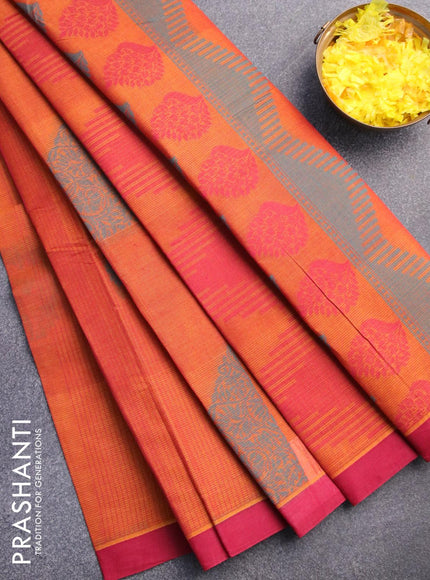 Nithyam cotton saree dark mustard yellow and maroon with allover thread stripes & buttas and simple border - {{ collection.title }} by Prashanti Sarees