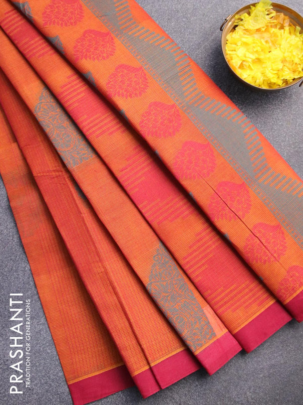 Nithyam cotton saree dark mustard yellow and maroon with allover thread stripes & buttas and simple border - {{ collection.title }} by Prashanti Sarees