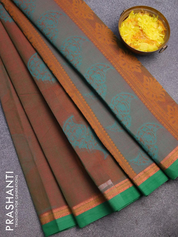 Nithyam cotton saree dual shade of manthulir green and green with thread woven buttas and zari woven simple border - {{ collection.title }} by Prashanti Sarees