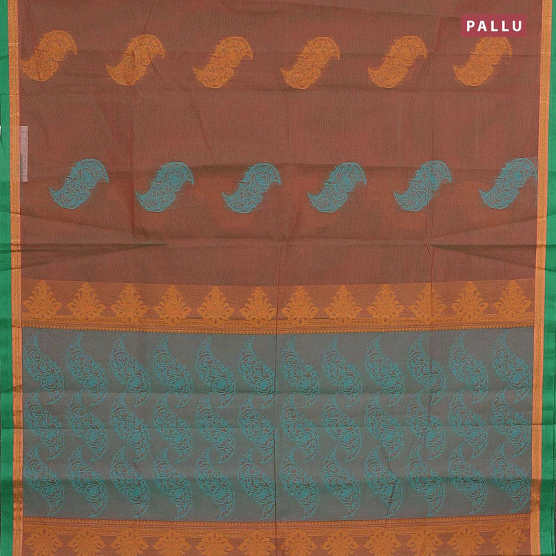 Nithyam cotton saree dual shade of manthulir green and green with thread woven buttas and zari woven simple border - {{ collection.title }} by Prashanti Sarees