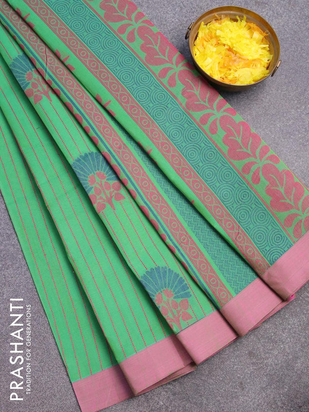 Nithyam cotton saree green and pink with allover thread stripes & buttas and simple border - {{ collection.title }} by Prashanti Sarees