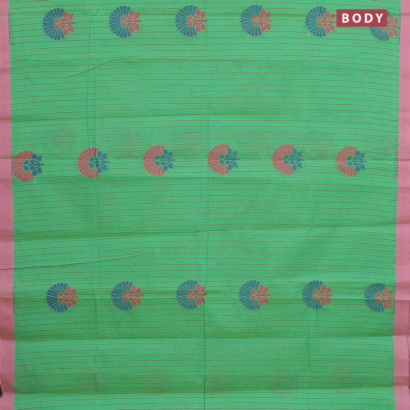 Nithyam cotton saree green and pink with allover thread stripes & buttas and simple border - {{ collection.title }} by Prashanti Sarees