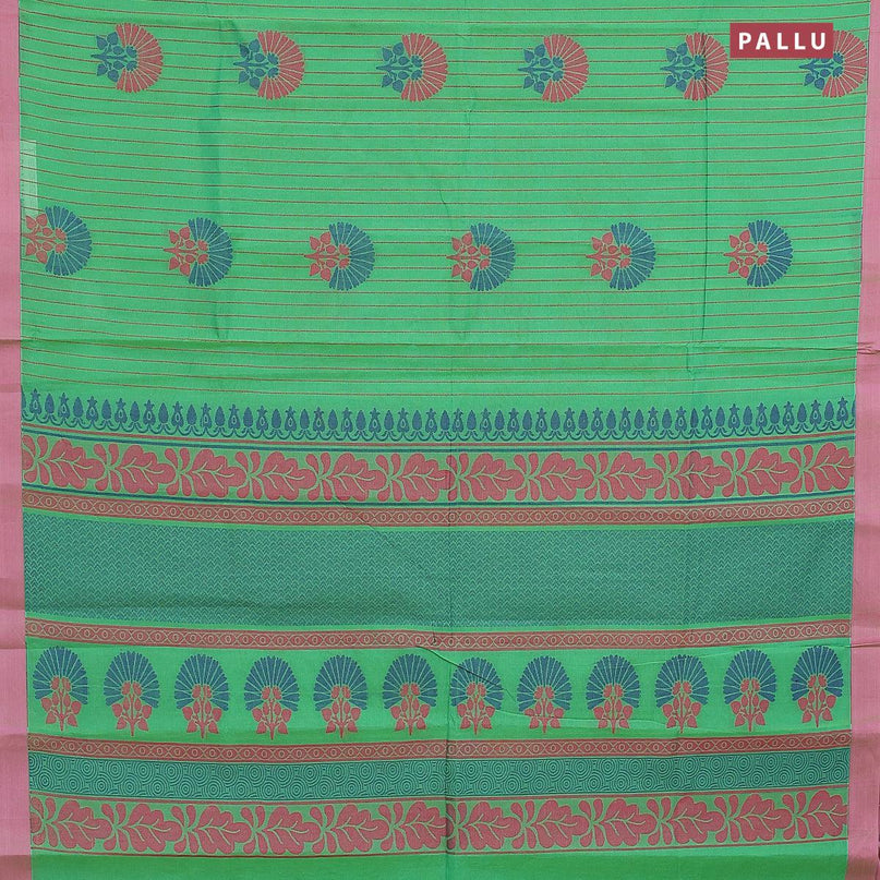 Nithyam cotton saree green and pink with allover thread stripes & buttas and simple border - {{ collection.title }} by Prashanti Sarees