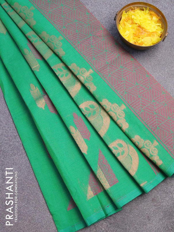 Nithyam cotton saree green with thread & zari woven buttas in borderless style - {{ collection.title }} by Prashanti Sarees