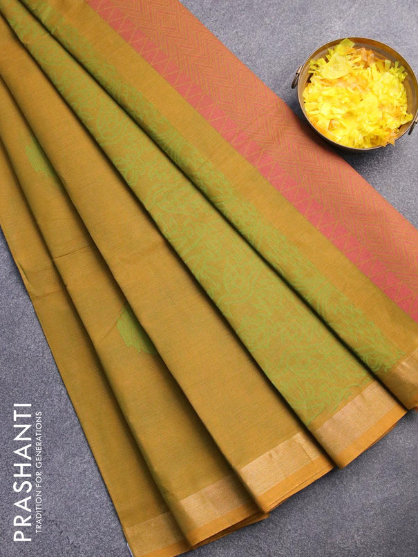 Nithyam cotton saree mustard green shade with thread woven buttas and zari woven border - {{ collection.title }} by Prashanti Sarees