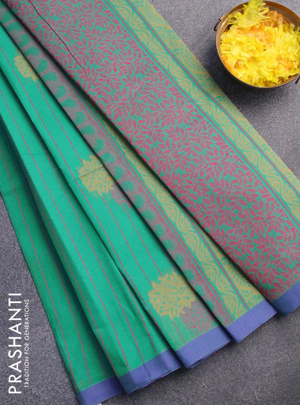 Nithyam cotton saree teal green shade and blue with allover thread stripes & buttas and simple border - {{ collection.title }} by Prashanti Sarees