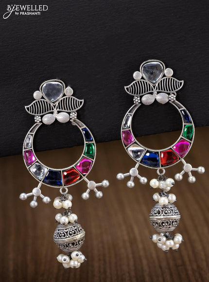 Oxidised chandbali earring with multicolour stone and pearl hangings - {{ collection.title }} by Prashanti Sarees