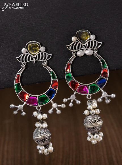 Oxidised chandbali earring with multicolour stone and pearl hangings - {{ collection.title }} by Prashanti Sarees