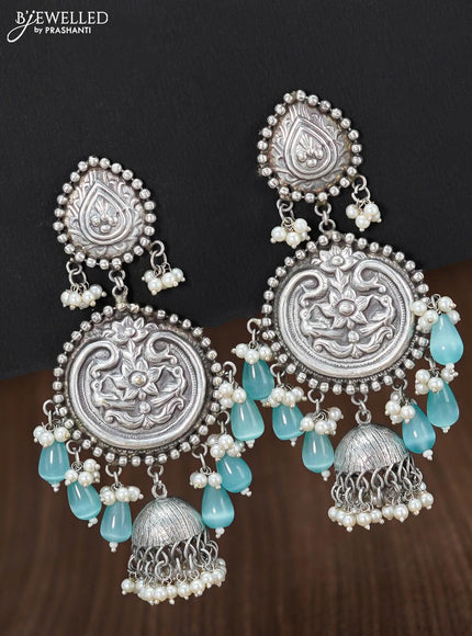 Oxidised floral design earring with light blue monalisa beads hangings - {{ collection.title }} by Prashanti Sarees