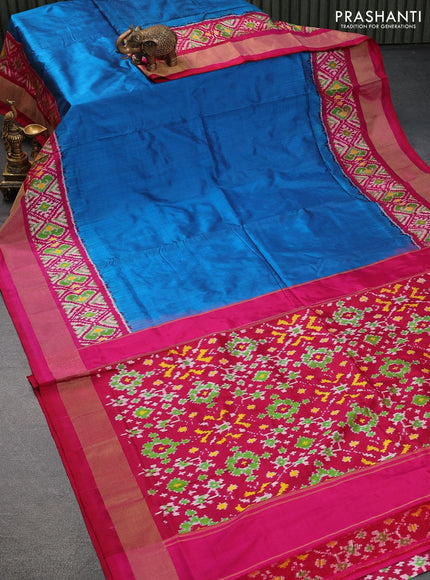 Pochampally silk saree cs blue and pink with plain body and ikat style zari woven border - {{ collection.title }} by Prashanti Sarees