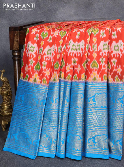 Pochampally silk saree orange and cs blue with allover ikat weaves and long annam zari woven border - {{ collection.title }} by Prashanti Sarees