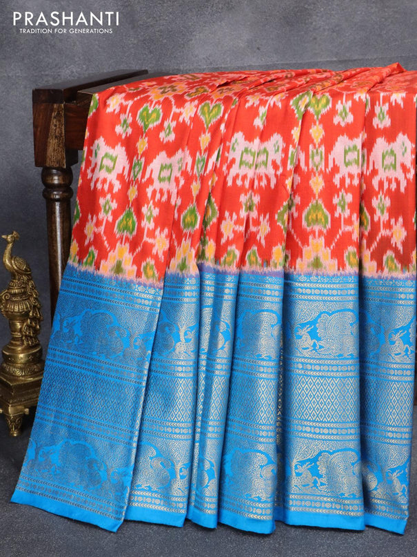 Pochampally silk saree orange and cs blue with allover ikat weaves and long annam zari woven border - {{ collection.title }} by Prashanti Sarees