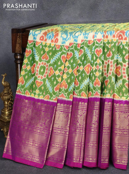 Pochampally silk saree pale yellow and purple with allover ikat weaves and long annam zari woven border - {{ collection.title }} by Prashanti Sarees