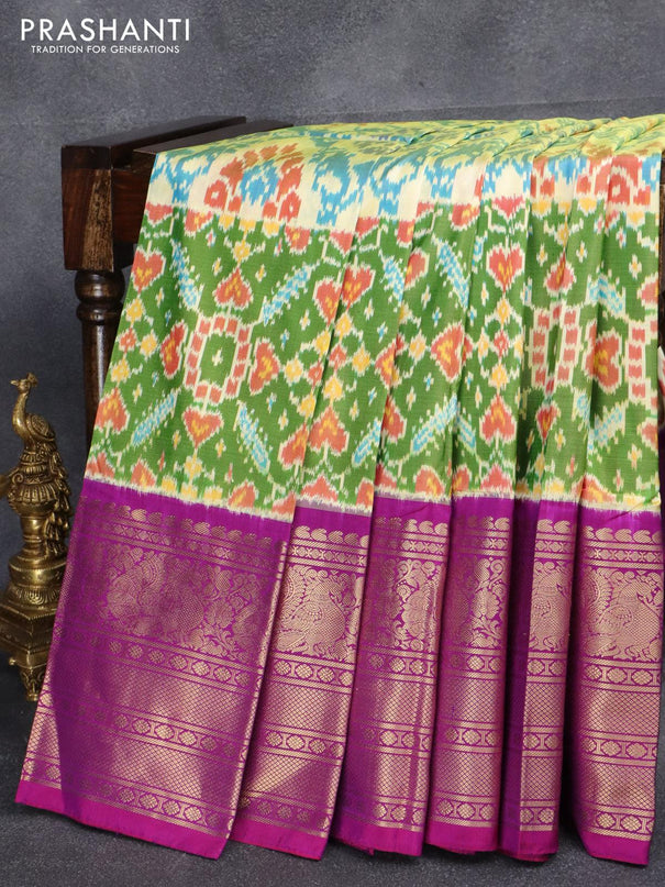 Pochampally silk saree pale yellow and purple with allover ikat weaves and long annam zari woven border - {{ collection.title }} by Prashanti Sarees