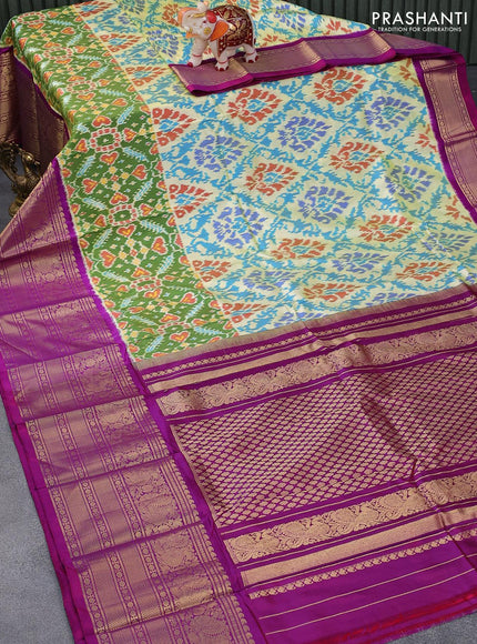 Pochampally silk saree pale yellow and purple with allover ikat weaves and long annam zari woven border - {{ collection.title }} by Prashanti Sarees