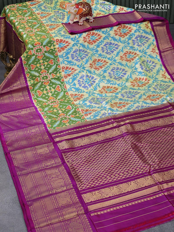 Pochampally silk saree pale yellow and purple with allover ikat weaves and long annam zari woven border - {{ collection.title }} by Prashanti Sarees