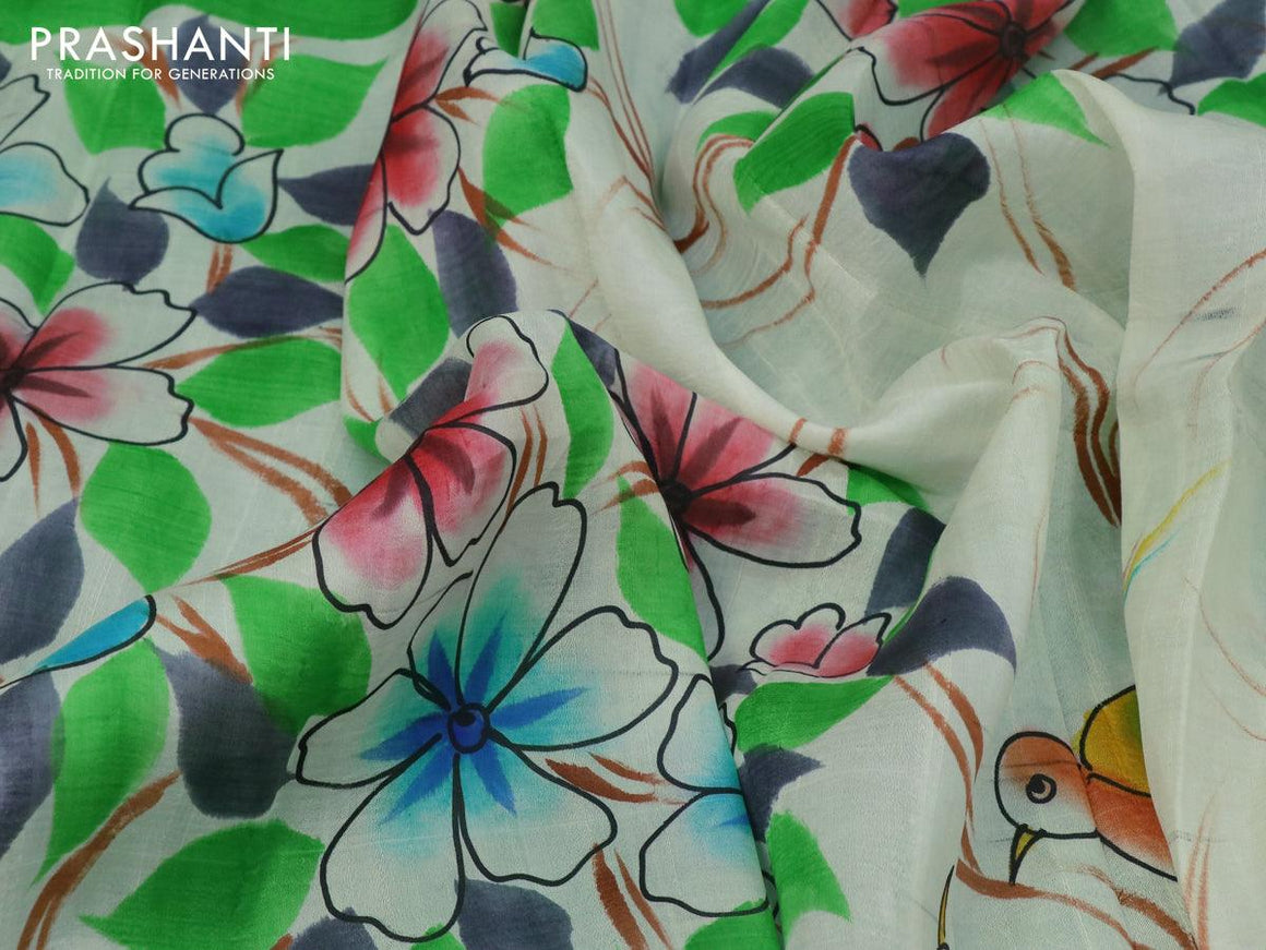 Printed partly silk saree light green and red with hand painted floral prints and simple border - {{ collection.title }} by Prashanti Sarees