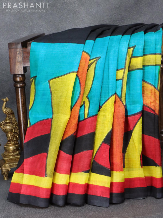Printed silk saree black and multi colour with hand painted prints and simple border - {{ collection.title }} by Prashanti Sarees