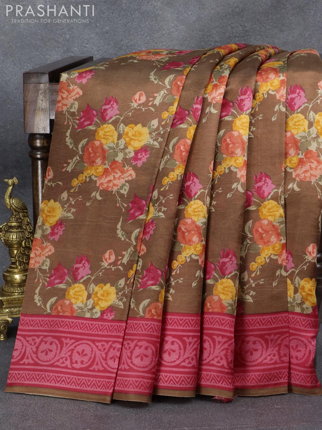 Printed silk saree brown and pink with allover floral prints and printed border - {{ collection.title }} by Prashanti Sarees