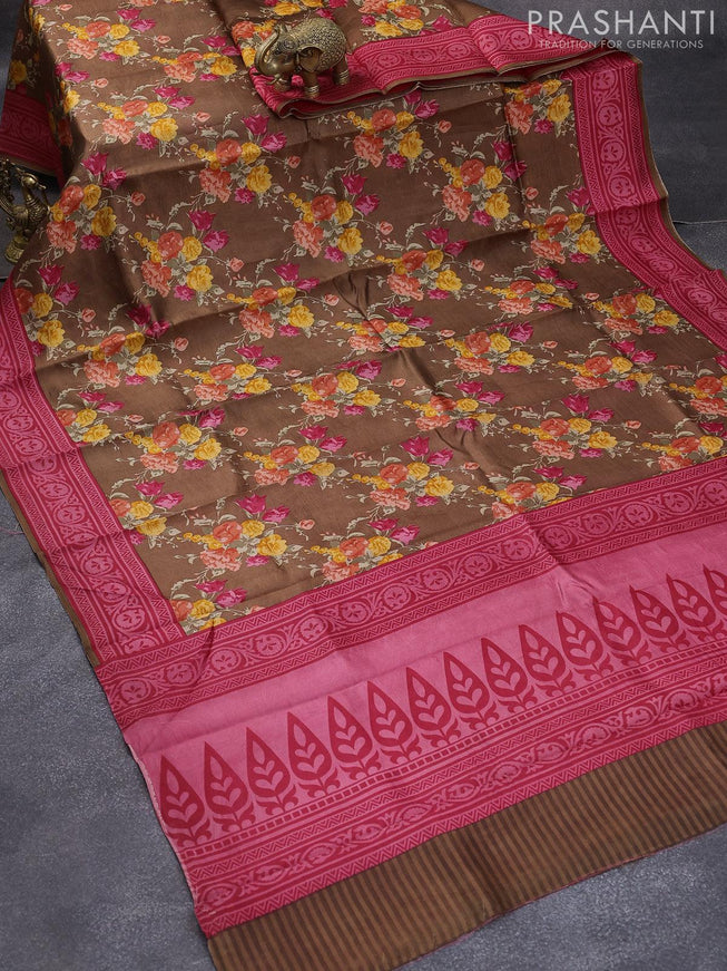 Printed silk saree brown and pink with allover floral prints and printed border - {{ collection.title }} by Prashanti Sarees