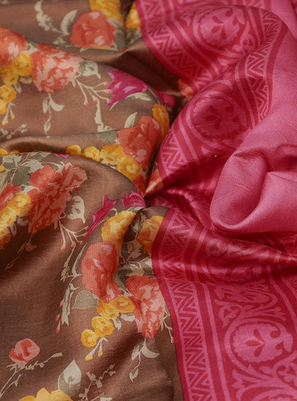 Printed silk saree brown and pink with allover floral prints and printed border - {{ collection.title }} by Prashanti Sarees