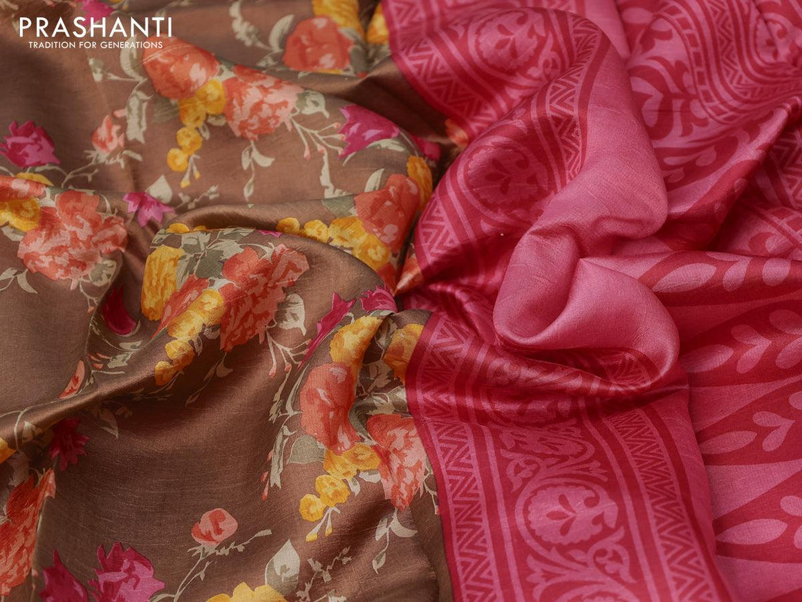 Printed silk saree brown and pink with allover floral prints and printed border - {{ collection.title }} by Prashanti Sarees