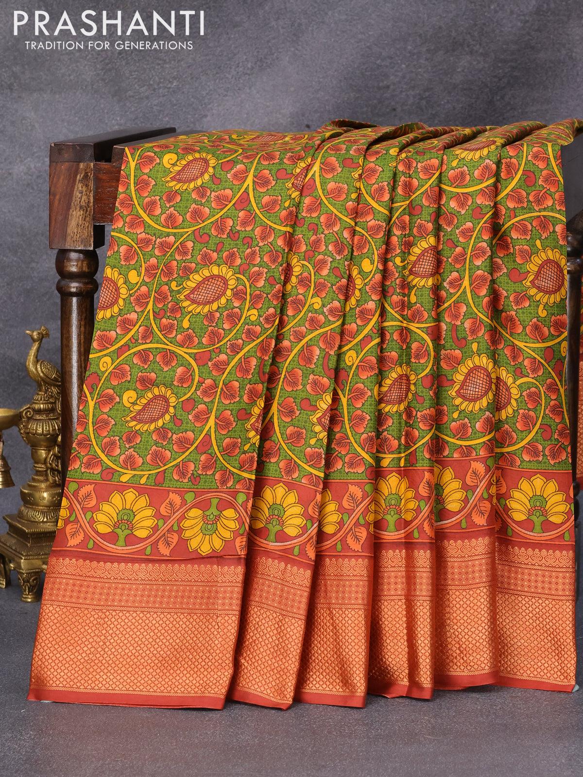 Kalamkari cotton saree dark mustard and cream with allover prints and  printed border at 85000 by Prashanti – Prashanti Sarees