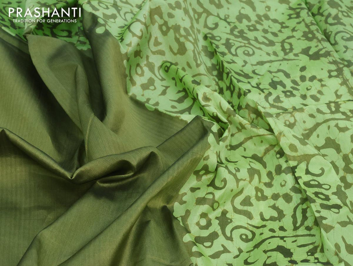 Printed silk saree green shade with plain body and batik printed border - {{ collection.title }} by Prashanti Sarees