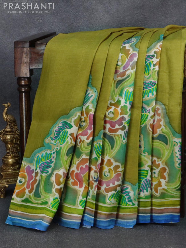 Printed silk saree mehendi green and blue with plain body and hand painted border - {{ collection.title }} by Prashanti Sarees