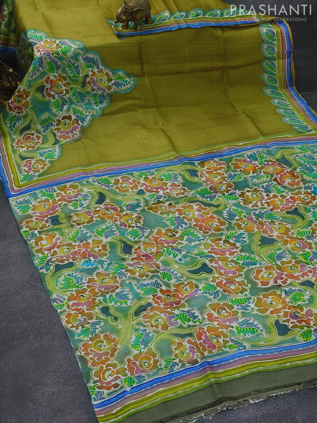 Printed silk saree mehendi green and blue with plain body and hand painted border - {{ collection.title }} by Prashanti Sarees