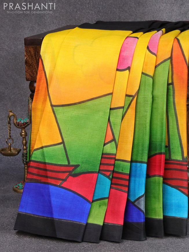 Printed silk saree multi colour and black with hand painted prints and simple border - {{ collection.title }} by Prashanti Sarees