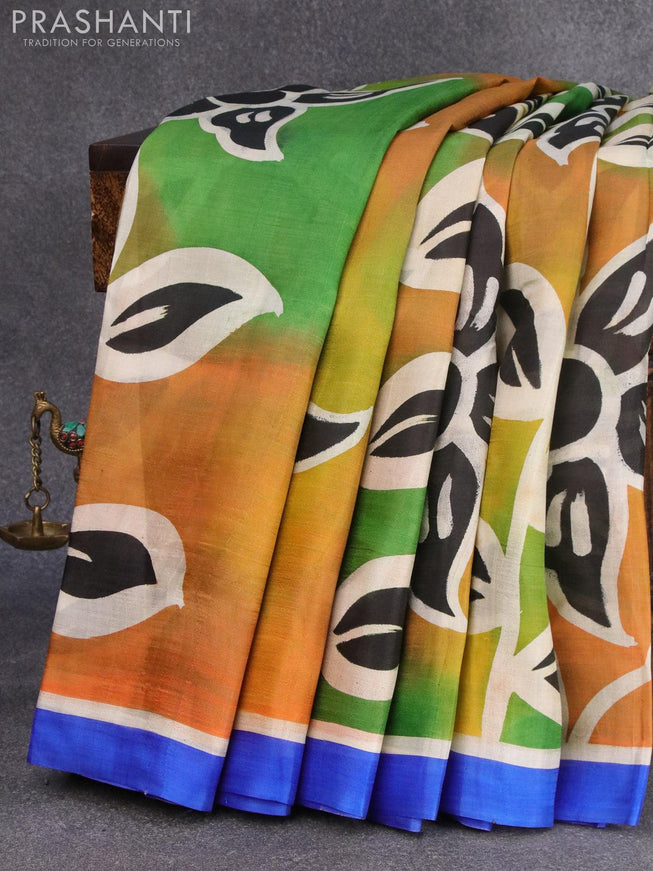 Printed silk saree multi colour and royal blue with hand painted floral prints and simple border - {{ collection.title }} by Prashanti Sarees