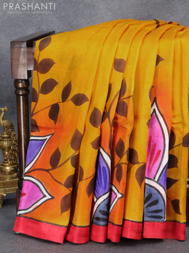Printed silk saree mustard yellow and red with hand painted prints and simple border - {{ collection.title }} by Prashanti Sarees