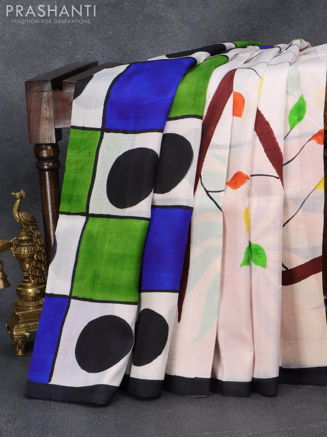 Printed silk saree off white and black with hand painted prints and simple border - {{ collection.title }} by Prashanti Sarees