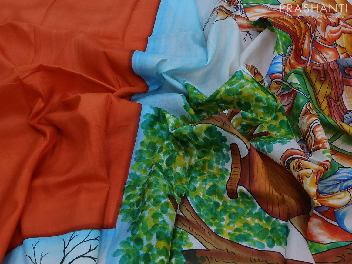 Printed silk saree orange and grey with plain body and hand painted border - {{ collection.title }} by Prashanti Sarees