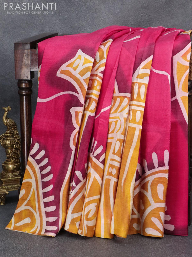 Printed silk saree pink and mustard yellow with hand painted prints in borderless style - {{ collection.title }} by Prashanti Sarees