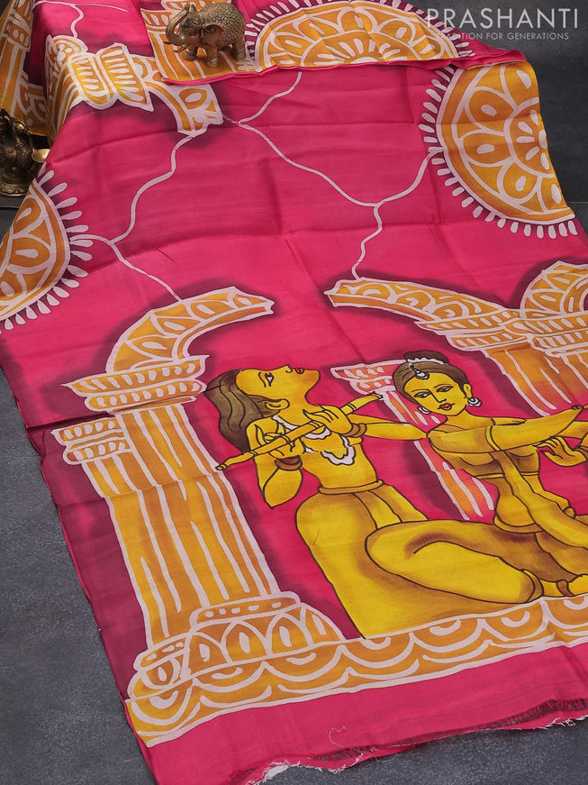 Printed silk saree pink and mustard yellow with hand painted prints in borderless style - {{ collection.title }} by Prashanti Sarees
