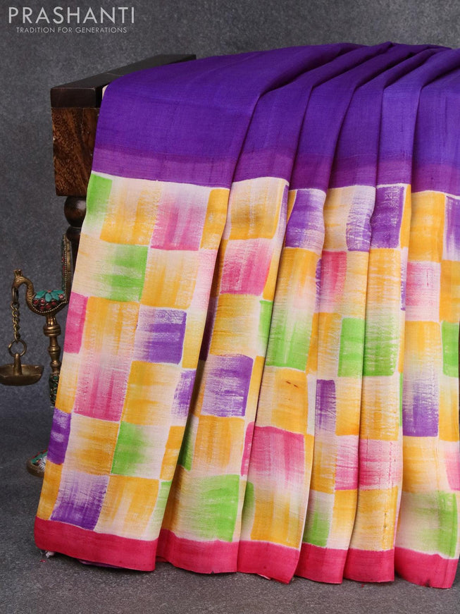 Printed silk saree purple and pink with plain body and hand painted border - {{ collection.title }} by Prashanti Sarees
