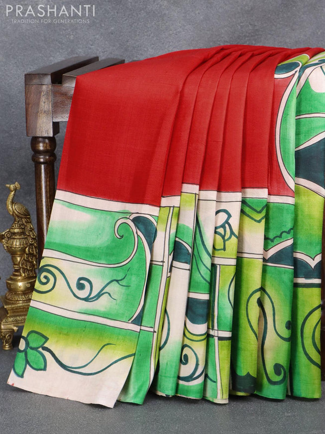 Printed silk saree red and green shade with plain body and hand painted border - {{ collection.title }} by Prashanti Sarees